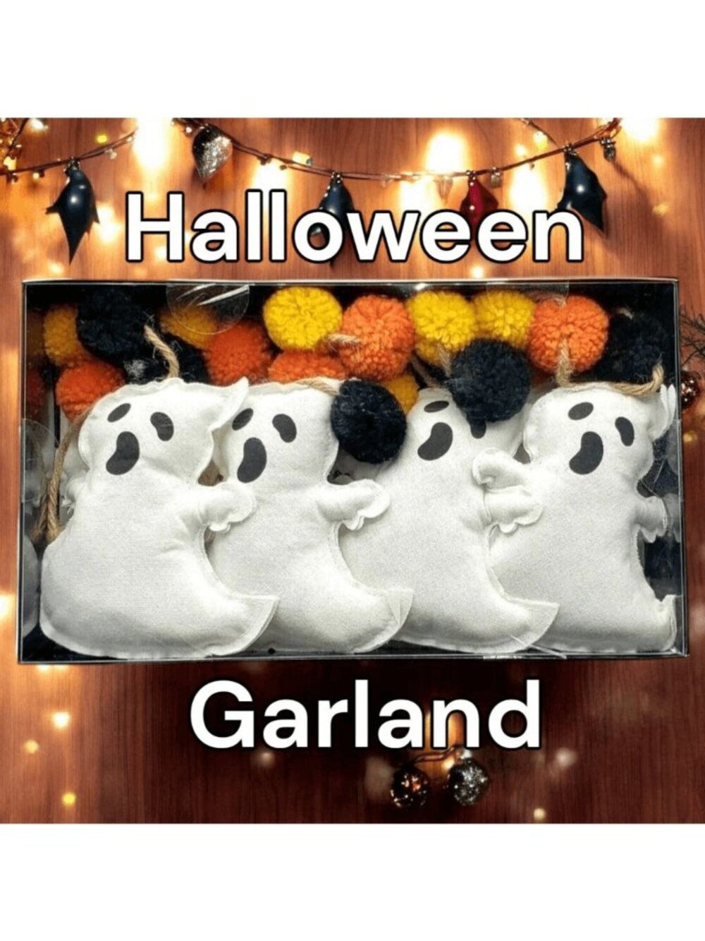 Ghosts And Pom Poms Halloween Garland Mantel Decoration 6ft Party Banner School
